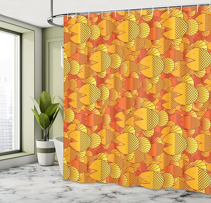 Ambesonne Burnt Orange Shower Curtain, Contemporary Tangerine Colored Illustration Group of Swimming Goldfish Random Retro Style, Cloth Fabric Bathroom Set with Hooks, 69" W x 75" L, Orange Yellow