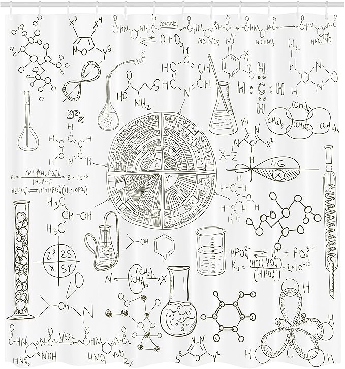 Ambesonne Science Shower Curtain, Science Theme Hand Drawn Style Chemistry Laboratory Illustration, Cloth Fabric Bathroom Decor Set with Hooks, 69" W x 70" L, White Umber