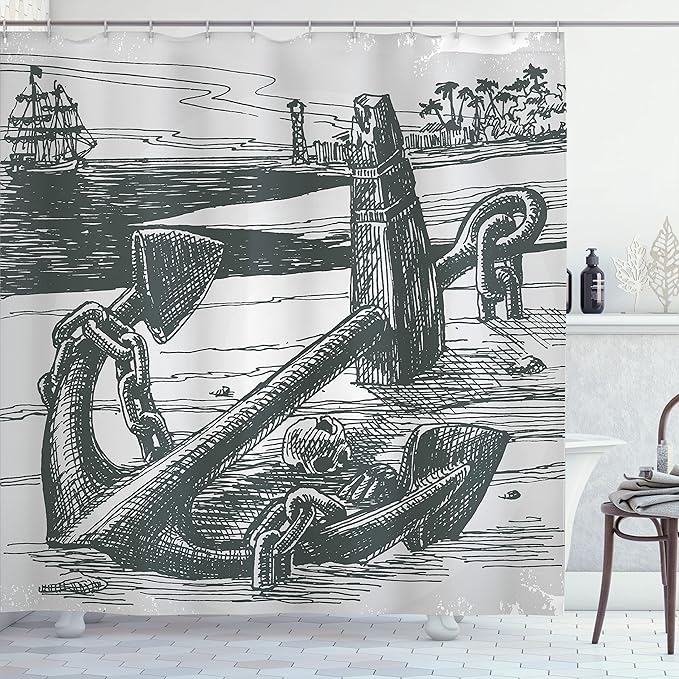Ambesonne Anchor Shower Curtain, A Skull by Exotic Island Shoreline and The Palm Trees with a Ship of Pirate Buccaneer for a Journey, Cloth Fabric Bathroom Set with Hooks, 69" W x 75" L, Black Grey