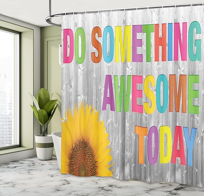Ambesonne Saying Shower Curtain, Do Something Today Sunflower on Wooden Wall Planks Penal Colorful Letters, Cloth Fabric Bathroom Decor Set with Hooks, 69" W x 84" L, Pink Green