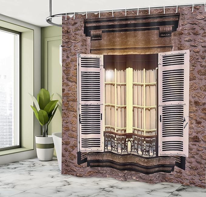 Ambesonne Country Shower Curtain, Vintage Style Stone House with The Shutters Medieval Culture Inspired Image Print, Cloth Fabric Bathroom Decor Set with Hooks, 69" W x 70" L, Pink Brown