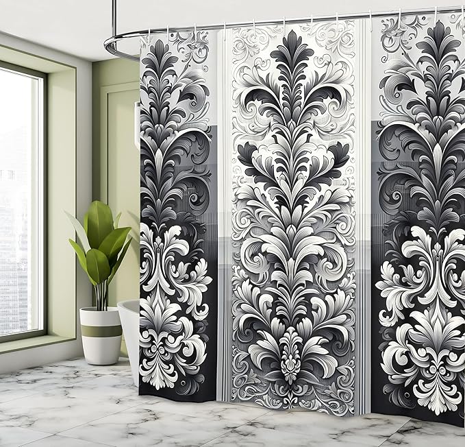 Ambesonne Damask Shower Curtain, Tranquil Florid Pattern Monochrome Arcane Leafy Swirls Palatial Design Print, Cloth Fabric Bathroom Decor Set with Hooks, 69" W x 84" L, Charcoal Grey