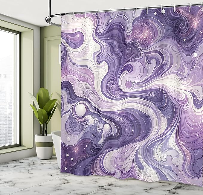 Ambesonne Purple Shower Curtain, Modern Swirling Marble Painting Print Pastel Monochromatic Tones, Cloth Fabric Bathroom Decor Set with Hooks, 69" W x 84" L, Quartz Pale Mauve and Lilac