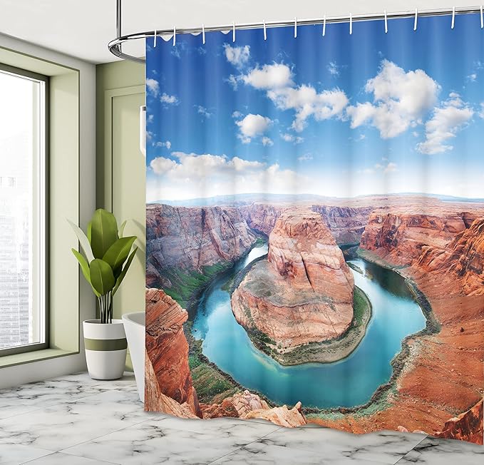 Ambesonne USA Shower Curtain, Horse Shoe Bend North Rim Grand Canyon Page Arizona Famous Tourist Attractions, Cloth Fabric Bathroom Decor Set with Hooks, 69" W x 75" L, Cinnamon White