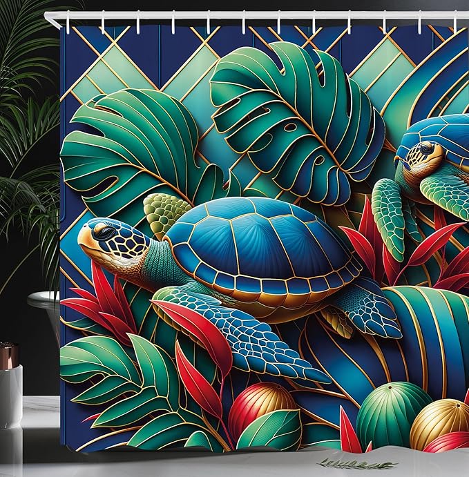 Ambesonne Turtle Shower Curtain, Colorful Exotic Deep Sea Animals and Monstera Leaves Mosaic Style Print, Cloth Fabric Bathroom Decor Set with Hooks, 69" W x 84" L, Teal Vermilion and Blue