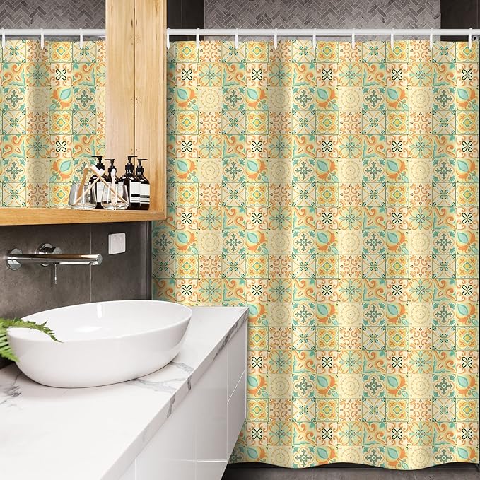 Ambesonne Vintage Stall Shower Curtain, Italian Style Checkered Pattern with Floral Motifs Traditional Antique Art Design, Fabric Bathroom Decor Set with Hooks, 54" W x 78" L, Seafoam Dark Peach