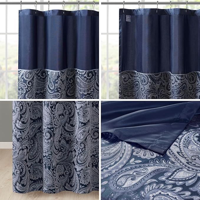 Madison Park Aubrey Shower Curtain Paisley Jacquard Pieced Microfiber Faux Silk Modern Home Bathroom Decorations Bathtub Privacy Screen, Decorative Bathroom, 72" x 72", Navy