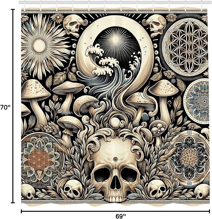 Ambesonne Gothic Art Shower Curtain, Concealed Illustration of Mushroom Skulls and Mandala Motives, Cloth Fabric Bathroom Decor Set with Hooks, 69" W x 70" L, Eggshell and Charcoal Grey