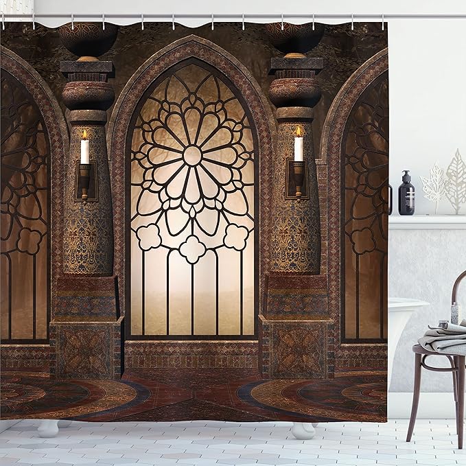 Ambesonne Gothic Shower Curtain, Antique Myst Gate with Pattern and Curvings Design Illustration, Cloth Fabric Bathroom Decor Set with Hooks, 69" W x 70" L, Brown