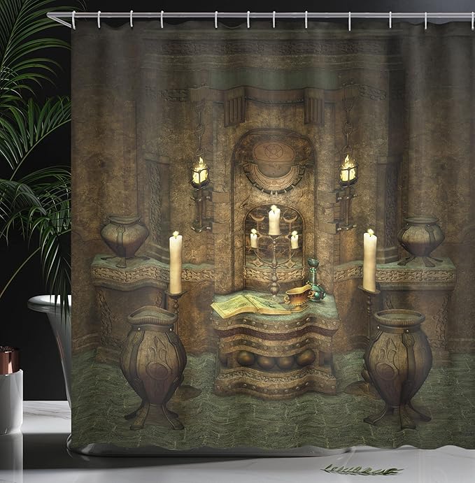 Ambesonne Gothic Shower Curtain, Room with Altar in Fantasy Style Spells Pentagram and Candles Print Illustration, Cloth Fabric Bathroom Decor Set with Hooks, 69" W x 84" L, Brown and Black