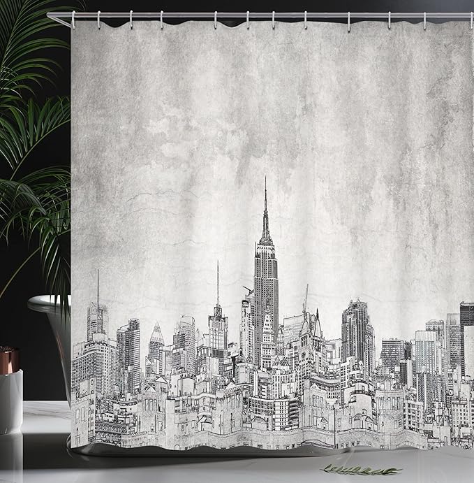 Ambesonne Sketchy Shower Curtain, Cosmopolitan New York City Skyline with Iconic Skyscrapers and High Buildings Art Design, Cloth Fabric Bathroom Decor Set with Hooks, 69" W x 75" L, Grey Charcoal