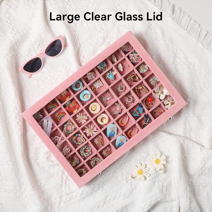 Frebeauty 48 Grid Earring Organizer,Velvet Jewelry Tray with Clear Lid | Drawer Jewelry Organizer for Rings Studs Beads,Adjustable Dividers,Dustproof,Earring Storage,Trinket Box,13.8×9.5Inches