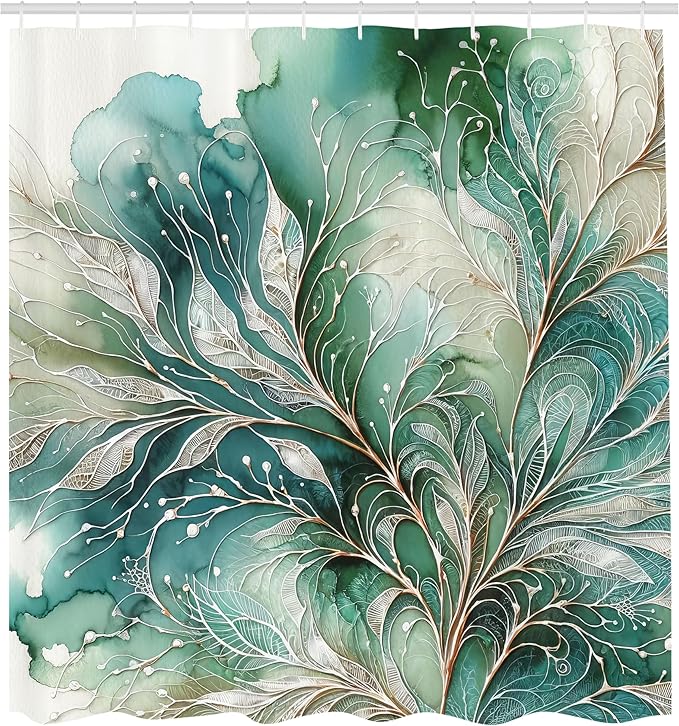 Ambesonne Teal Shower Curtain, Abstract Marble Print Design of Greenery Clouds and Dreamy Leafy Peduncles, Cloth Fabric Bathroom Decor Set with Hooks, 69" W x 70" L, Cadet Blue Dark Khaki