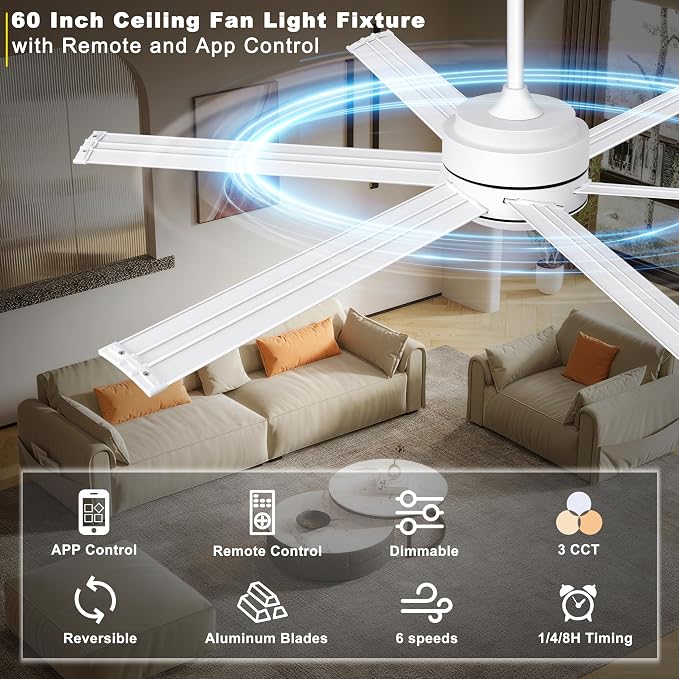 Ohniyou 60" White Industrial Ceiling Fan with Light for Patio, Living Room | Remote & APP Control, 3CCT Dimmable, DC Motor, 6 Aluminum Blades, Covered Outdoor Metal Fan