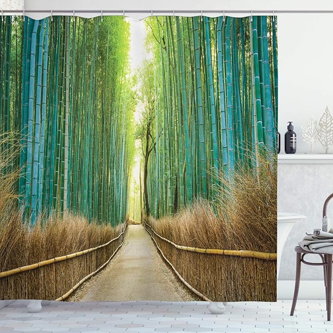 Ambesonne Forest Shower Curtain, Panoramic Photography of Historic Landscape Park in Japan Print Romance, Cloth Fabric Bathroom Decor Set with Hooks, 69" W x 70" L, Brown Turquoise