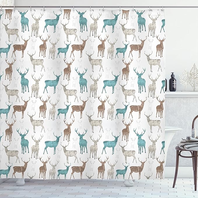 Ambesonne Deer Shower Curtain, Animals with Old Text Pattern Christmas Theme Vintage Inspired Illustration, Cloth Fabric Bathroom Decor Set with Hooks, 69" W x 70" L, Turquoise Beige