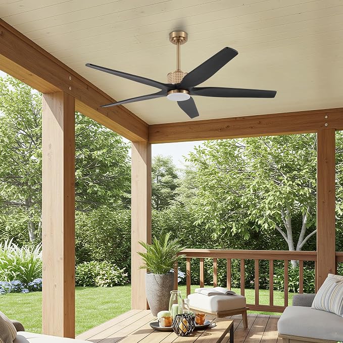 LEDLUX 60" Ceiling Fan with Light – Remote Control, Solid Wood, 6-Speed, Quiet Reversible DC Motor, Black/Gold Finish, 4.5"/12" Downrods, Noiseless Large Ceiling Fan for Bedroom, Living Room, Porch