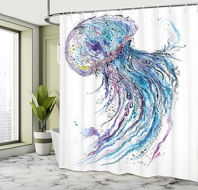 Ambesonne Jellyfish Shower Curtain, Aqua Colors Art Ocean Animal Print Sketch Style Creative Sea Marine Theme, Cloth Fabric Bathroom Decor Set with Hooks, 69" W x 70" L, Blue White