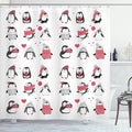 Ambesonne Winter Shower Curtain, Penguins Hand Drawn Merry Christmas Greetings, Cloth Fabric Bathroom Decor Set with Hooks, 69" W x 84" L, White Pink