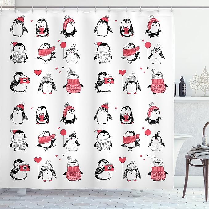 Ambesonne Winter Shower Curtain, Penguins Hand Drawn Merry Christmas Greetings, Cloth Fabric Bathroom Decor Set with Hooks, 69" W x 84" L, White Pink