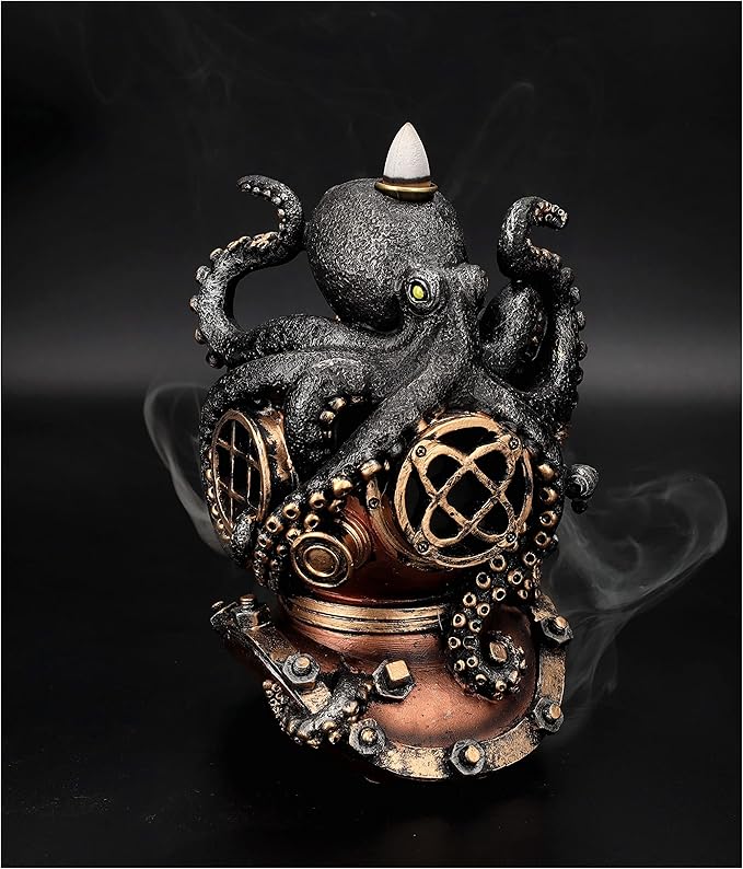 7" Kraken on Divers Helmet Backflow Incense Burner Resin Figurine