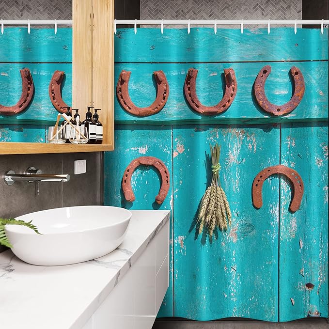 Ambesonne Western Stall Shower Curtain, 5 Antique Rusty Luck Horseshoe and Wheat Ears Bunch Picture, Fabric Bathroom Decor Set with Hooks, 54" W x 78" L, Turquoise and Brown