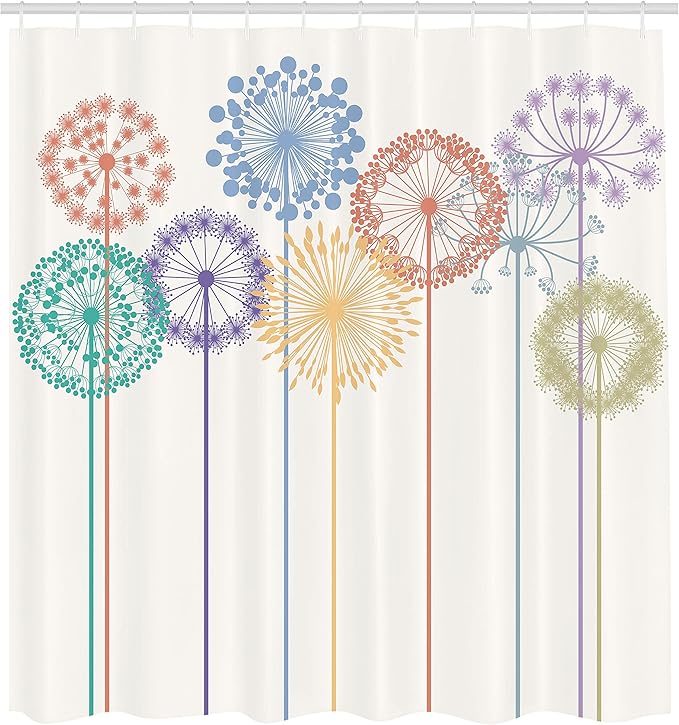 Ambesonne Floral Shower Curtain, Flower Inspired Artwork Colorful Dandelions on White Background Illustration Print, Cloth Fabric Bathroom Decor Set with Hooks, 69" W x 70" L, Dark Seafoam