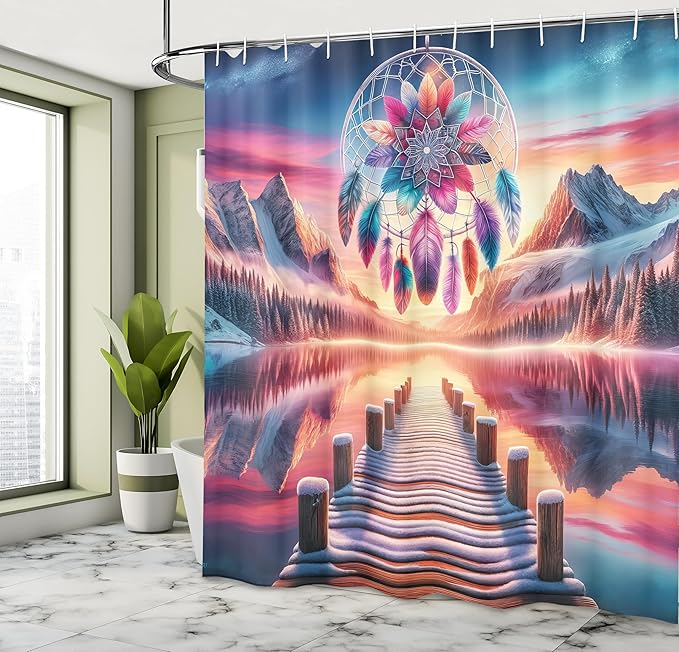 Ambesonne Lake Shower Curtain, Pure Wild Mountains Sunset Sky Dreamcatcher Feathers in Psychedelic Colors, Cloth Fabric Bathroom Decor Set with Hooks, 69" W x 84" L, Pink Peach and Teal