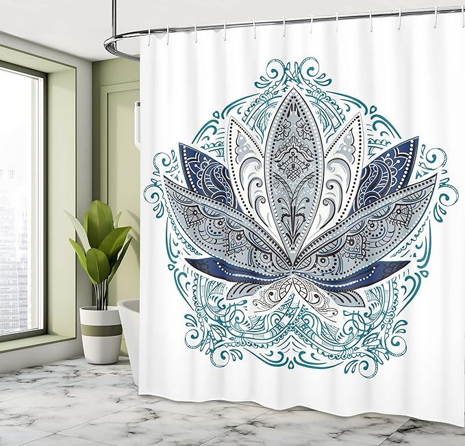 Ambesonne Lotus Shower Curtain, Flower Bloom Ornaments Exotic Petals Oriental Traditional Boho Design, Cloth Fabric Bathroom Decor Set with Hooks, 69" W x 70" L, Navy Grey