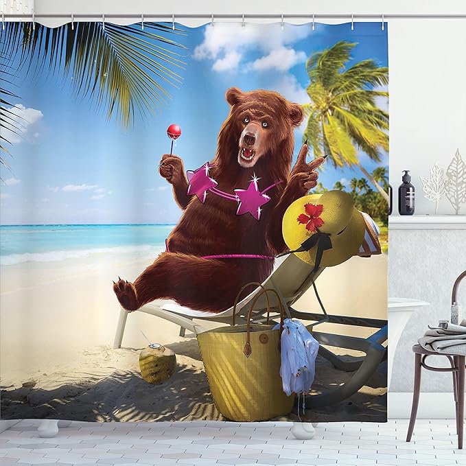Ambesonne Animal Shower Curtain, Funny Happy and Whimsical Bear Sunbathing on The Beach Humorous Summer Vacay Themed, Cloth Fabric Bathroom Decor Set with Hooks, 69" W x 70" L, Multicolor