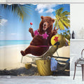 Ambesonne Animal Shower Curtain, Funny Happy and Whimsical Bear Sunbathing on The Beach Humorous Summer Vacay Themed, Cloth Fabric Bathroom Decor Set with Hooks, 69" W x 70" L, Multicolor