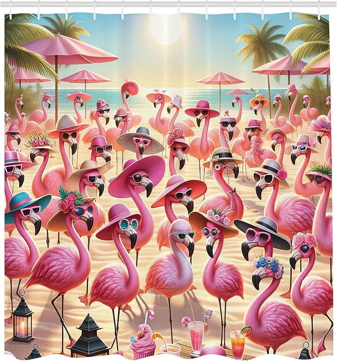 Ambesonne Flamingo Shower Curtain, Summer Beach with Tropical Birds with Sunny Hats and Sunglasses, Cloth Fabric Bathroom Decor Set with Hooks, 69" W x 70" L, Pink Beige and Pale Sky Blue