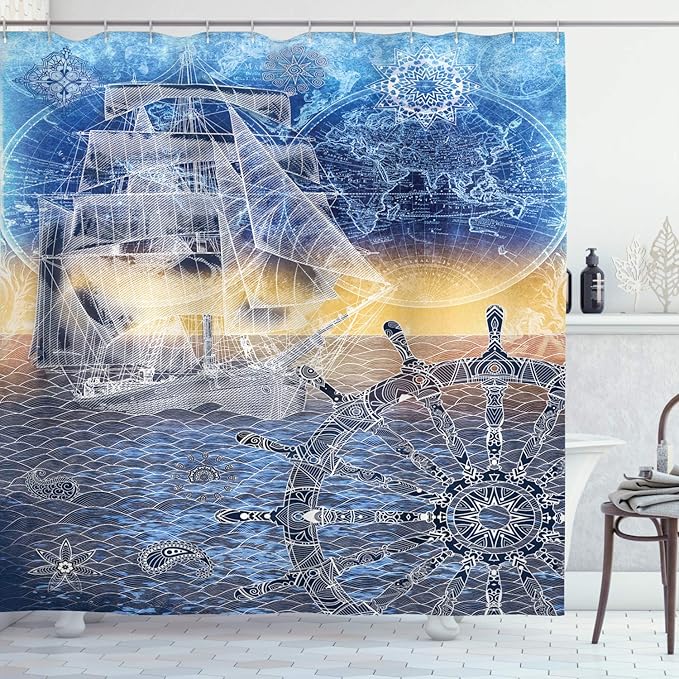 Ambesonne Mandala Shower Curtain, Nautical Print with Mandala Patterns Explorer Ship Map of The World Steering Wheel Sails, Cloth Fabric Bathroom Decor Set with Hooks, 69" W x 70" L, Blue