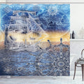 Ambesonne Mandala Shower Curtain, Nautical Print with Mandala Patterns Explorer Ship Map of The World Steering Wheel Sails, Cloth Fabric Bathroom Decor Set with Hooks, 69" W x 75" L, Blue