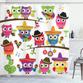 Ambesonne Owls Shower Curtain, Group of Cowboy Cowgirl Owls with Hats Guitars Cactus Cinco de Mayo Themed Art, Cloth Fabric Bathroom Decor Set with Hooks, 69" W x 70" L, Orange Red