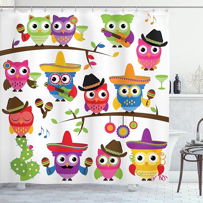 Ambesonne Owls Shower Curtain, Group of Cowboy Cowgirl Owls with Hats Guitars Cactus Cinco de Mayo Themed Art, Cloth Fabric Bathroom Decor Set with Hooks, 69" W x 70" L, Orange Red