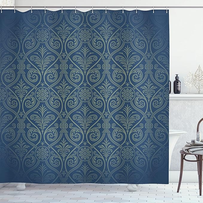 Ambesonne Damask Shower Curtain, Antique Baroque Pattern Mild Gothic Victorian Style Repeated Curly Motifs, Cloth Fabric Bathroom Decor Set with Hooks, 69" W x 70" L, Sea Blue