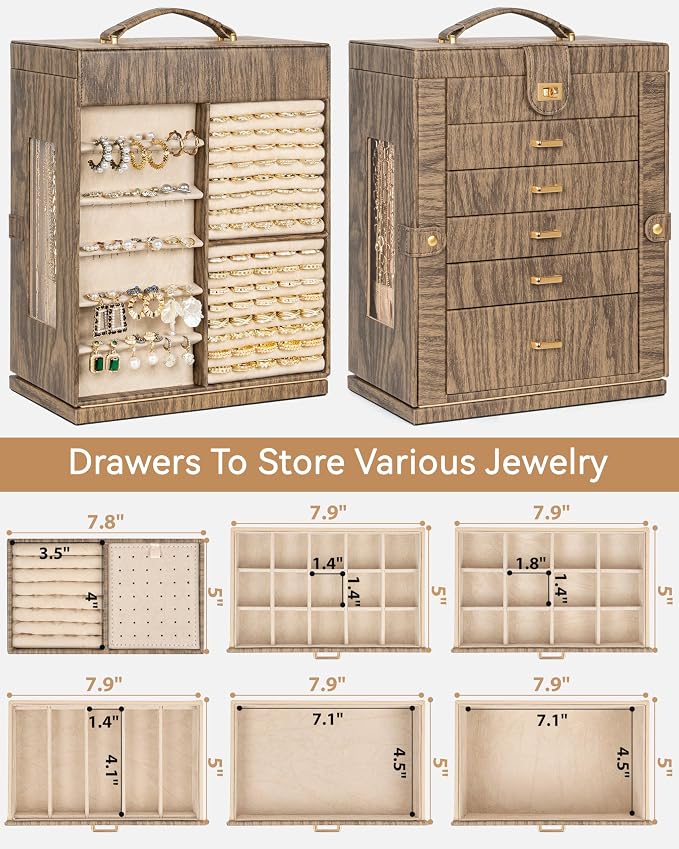 AKOZLIN 6-Tier Jewelry Box Organizer Functional 5 Drawers Leather Jewelry Storage Case for Women Girls Ring Necklace Earring Bracelet Holder Organizer with Mirror XL Wood Grain 360° Rotating