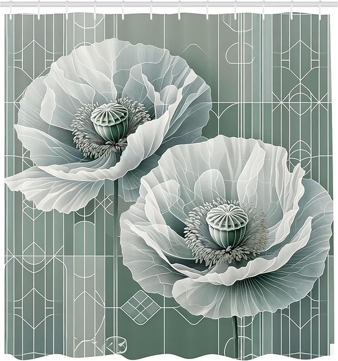 Ambesonne Green Shower Curtain, Futuristic Design of Poppy Flowers with Dreamy Petals and Scandi Lines, Cloth Fabric Bathroom Decor Set with Hooks, 69" W x 70" L, Blue Grey Dark Cadet Blue