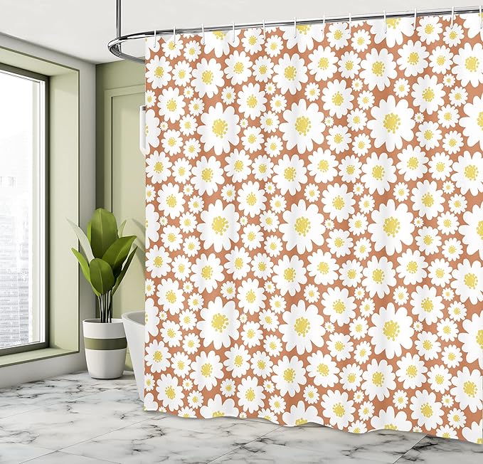 Ambesonne Floral Shower Curtain, Pastel Cartoon Like Flowers Daisies Spring Time Season Artwork Print, Cloth Fabric Bathroom Decor Set with Hooks, 69" W x 75" L, Cinnamon White