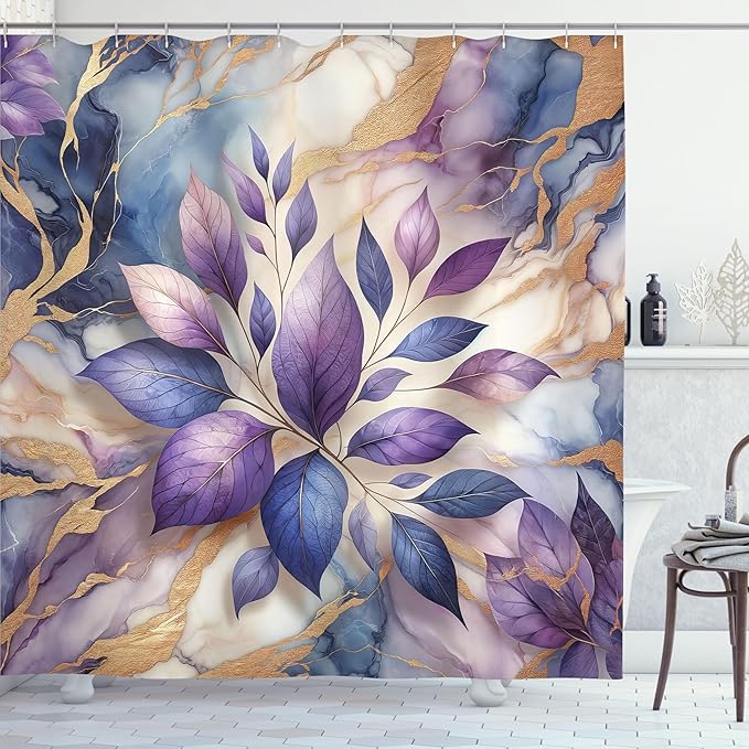 Ambesonne Purple Shower Curtain, Modern Marble Print Illustration Featuring Indigo Tone Leaves Dream, Cloth Fabric Bathroom Decor Set with Hooks, 69" W x 84" L, Lavender Pale Coffee Blue