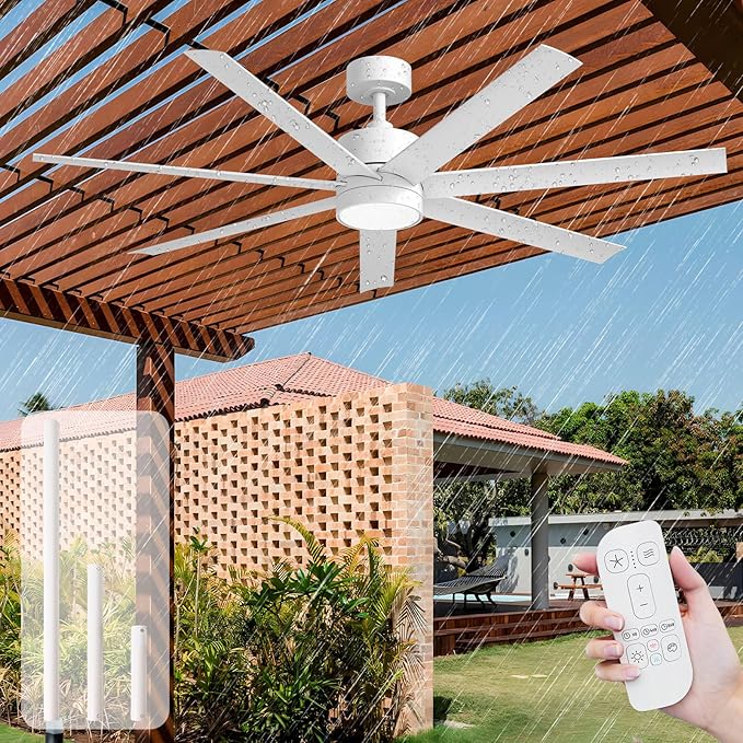 56 Inch Waterproof Outdoor Ceiling Fan with Light, Wet-Rated White Outdoor Ceiling Fans, All-Weather 7 UV-Proof Blades, High CFM Quiet DC Motor, for Exterior Patis, Porch, Terraces, Gazebo