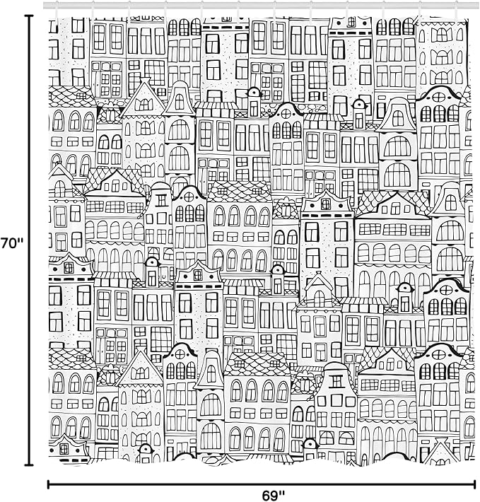 Ambesonne Amsterdam Shower Curtain, Monochrome Style Cartoon Drawing of Historic Houses Clutter City Town, Cloth Fabric Bathroom Decor Set with Hooks, 69" W x 70" L, Charcoal White