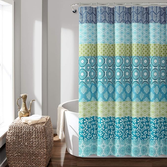 Lush Decor Bohemian Stripe Shower Curtain 72" W x 72" L Blue & Green - Bathroom Curtain - Striped Shower Curtain - Boho Decor - Fabric Shower Curtains