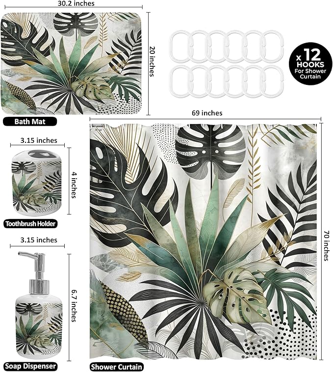 Ambesonne Green Bathroom Decor Set 4 Pcs Including Shower Curtain with Hooks Bath Mat Soap Dispenser Toothbrush Holder in Box Essentials & Accessories, Exotics Scenario Leaves, Teal Pale Khaki Fawn