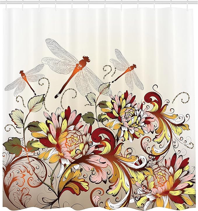 Ambesonne Spring Shower Curtain, Flower Field Foliage with Dragonflies Season Shabby Classic Leaves Pattern, Cloth Fabric Bathroom Decor Set with Hooks, 69" W x 75" L, Orange Ruby Rose
