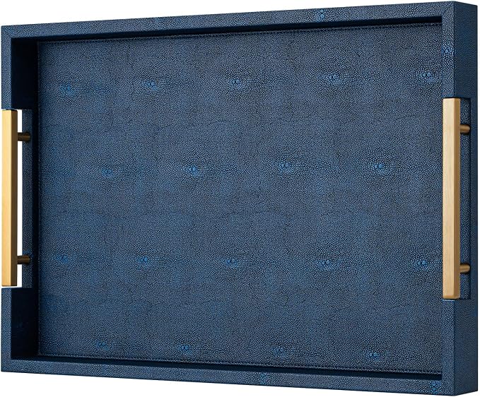 Navy Blue Faux Leather Serving Tray with Handles – Large Decorative Tray for Coffee Table, Ottoman, Living Room, Bathroom – Home Decor