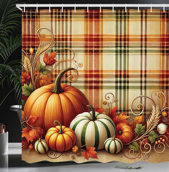 Ambesonne Fall Shower Curtain, Classic Thanksgiving Plaid Tartan Pumpkins and Swirling Leafy Details, Cloth Fabric Bathroom Decor Set with Hooks, 69" W x 70" L, Green Orange and Pale Brown
