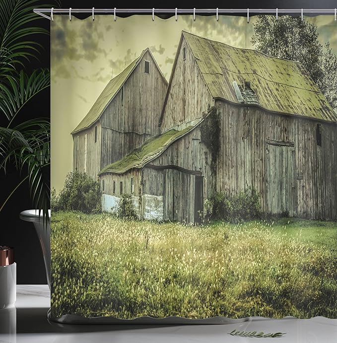 Ambesonne Country Shower Curtain, Farmer Field Barn Warehouse Midwest American Style Antique Art Print, Cloth Fabric Bathroom Decor Set with Hooks, 69" W x 70" L, Multicolor Reseda Green