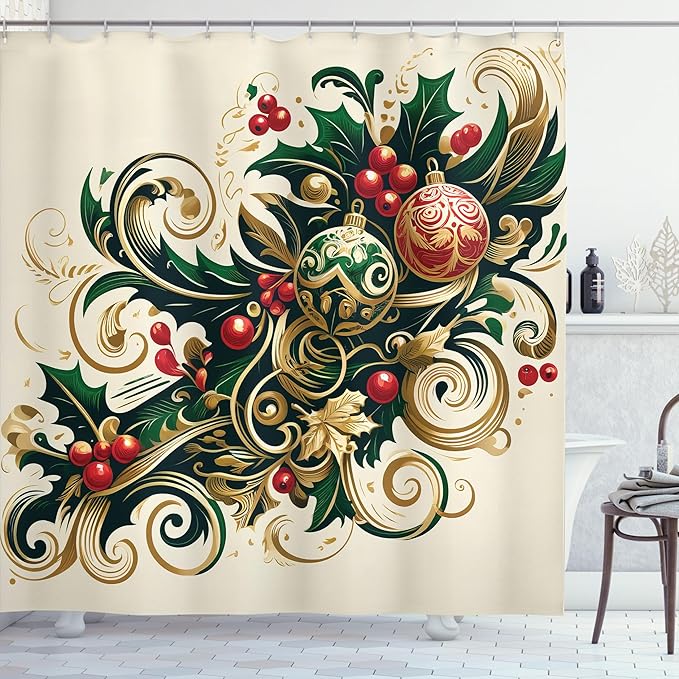 Ambesonne Christmas Shower Curtain, Traditional Xmas Berries Toyon and Globes Ornate on Plain Backdrop, Cloth Fabric Bathroom Decor Set with Hooks, 69" W x 84" L, Beige Green and Vermilion